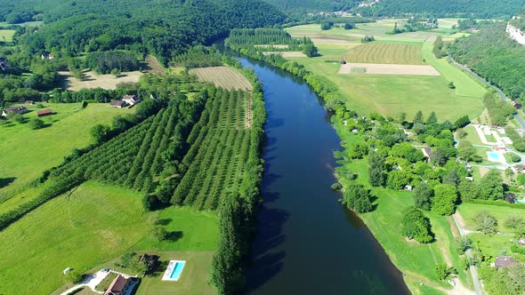 Village of La Roque-Gageac in Perigord in France seen from the sky