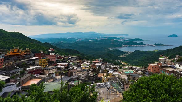 time lapse of Jiufen village with mountain and east china sea, Taiwan