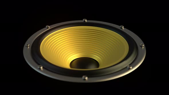 Isolated Audio Speaker with Yellow Membrane Playing Looped Modern Music