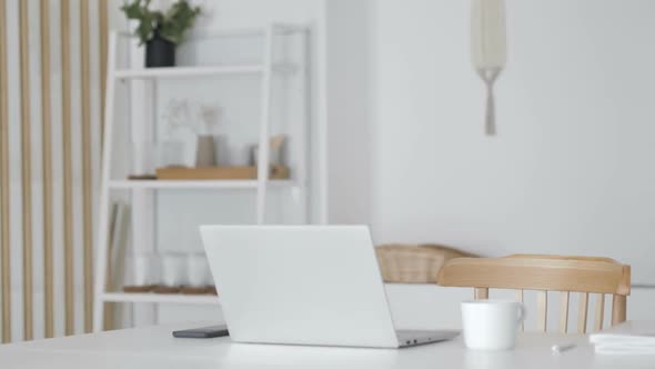 Businessman Coming Office and Opening Laptop at Work