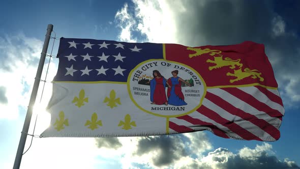 Detroit City Flag City of USA or United States of America Waving at Wind in Blue Sky