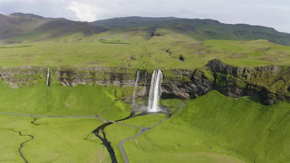 Flying Around the Seljalandsfoss Waterfall in Iceland