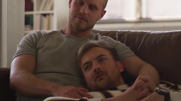 Caucasian male couple in social distancing in their sofa at home