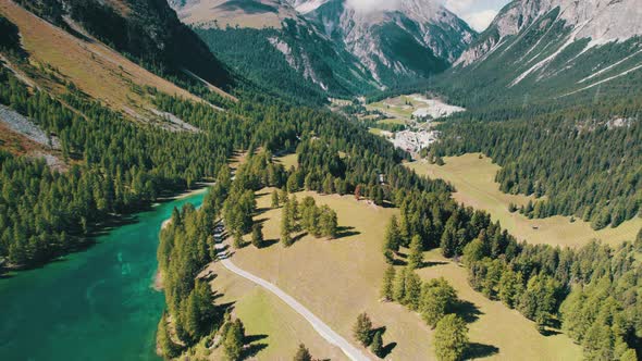 Aerial View Mountain Valley with Alpine Palpuogna Lake in Albulapass Swiss Alps