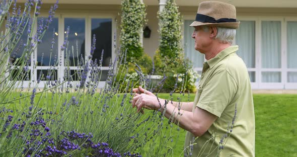 Senior man smelling flowers