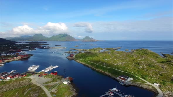 Flying above port of Ballstad on Lofoten islands