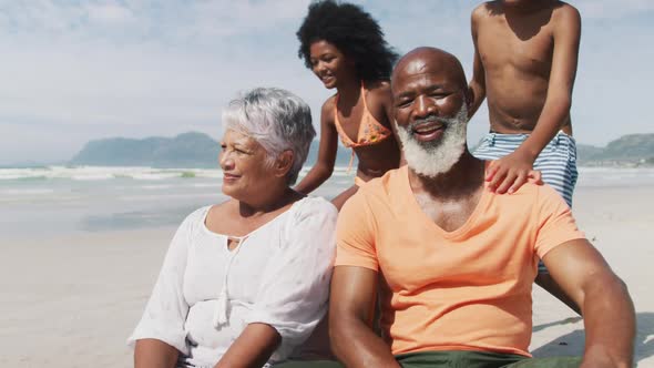 Portrait of mixed race senior couple with grandchildren playing and smiling smiling at the beach