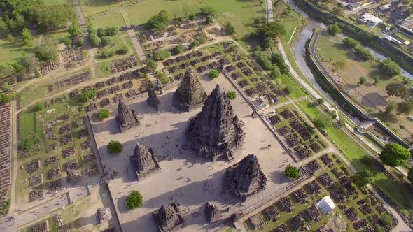 Aerial view of people visiting a preserved archaeological ruin, Indonesia.