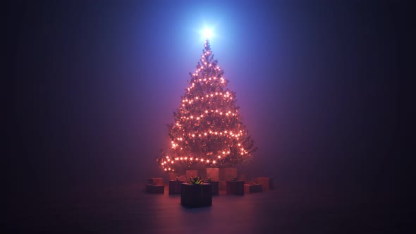 Beautiful Christmas tree shining in a foggy room. Colorful climatic lights. 4KHD