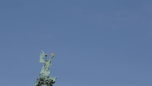 The Millennium Monument on Heroes square and Hungarian capital city of Budapest tilting 4K 2160p Ult