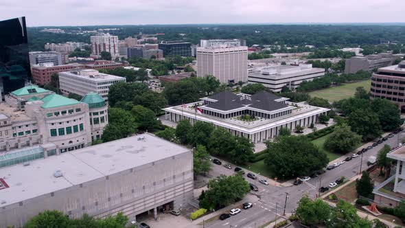 Drone shot of the North Carolina state legislature building downtown Raleigh