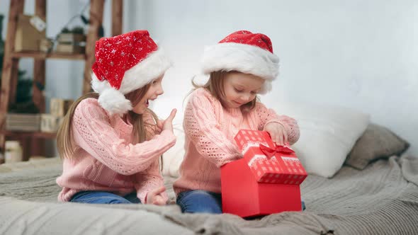 Cheerful Baby Sister Laughing Celebrate December Holiday Open Fairytail Present Feeling Exciting