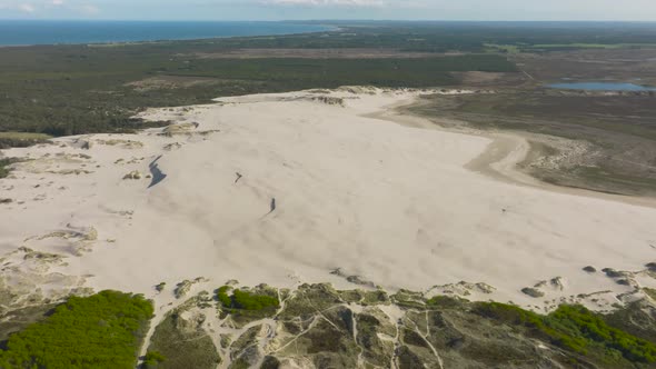 Aerial view of large sand dunes in the middle of Denmark's forest.