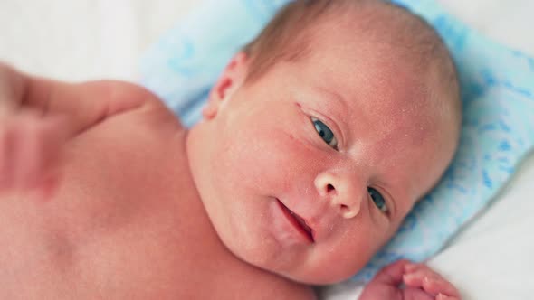 Little Newborn Baby Six Days Age Lies On A Crib In Diapers