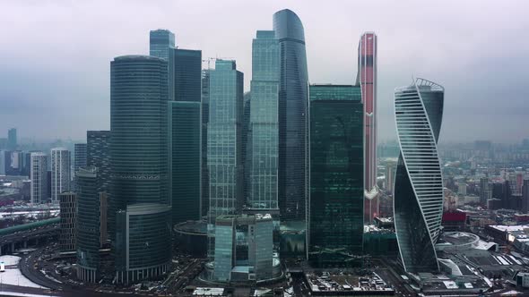 Aerial Drone Shot of Moscow City Skyscrapers at Cloudy Winter Day