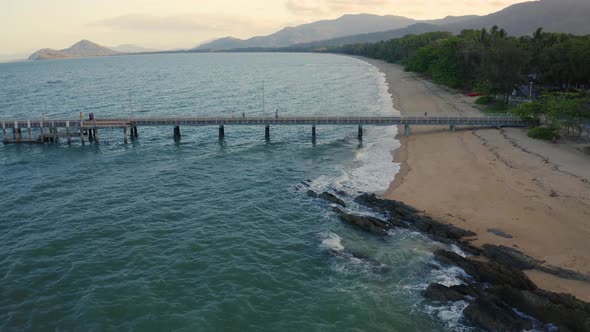 Aerial, Beautiful Seascape And A  Pier And Beach  In Palm Cove, Queensland, Australia