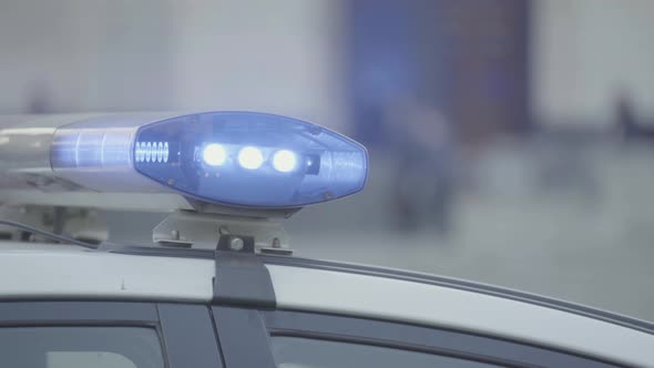 Flashing Flasher on the Roof of a Police Car. Blinker. Close-up.