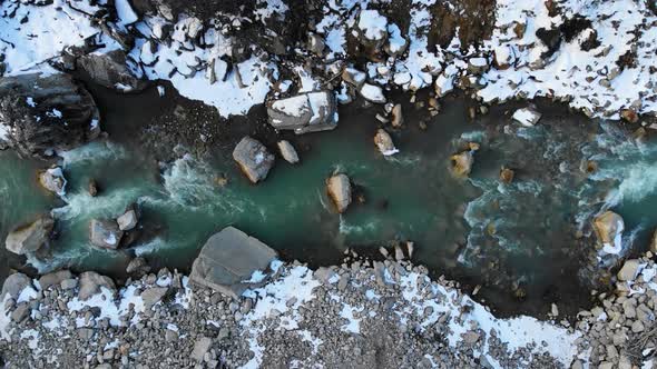 Aerial View Beautiful Top View of a Mountain River in Winter