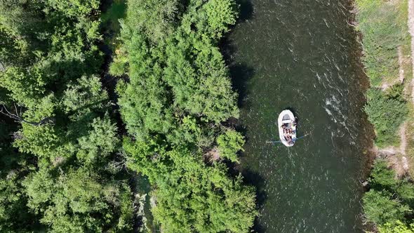 Aerial view following a raft floating down the Provo River