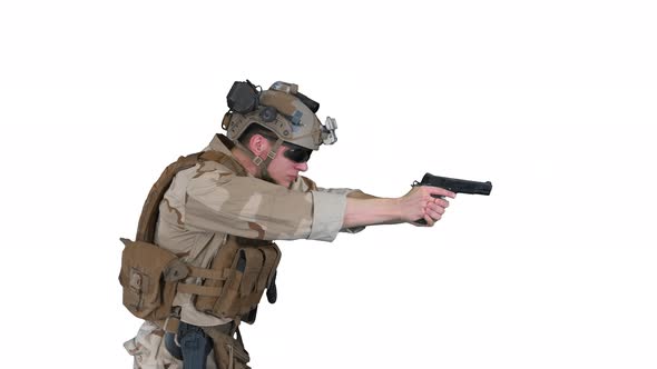 Modern Soldier Counter Terrorist Squad Fighter Aiming and Shooting with Pistol on White Background