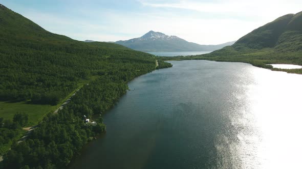 Traveling through the scenic countryside of Northern Norway, aerial view