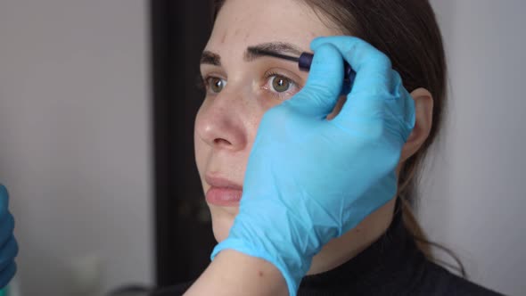 a Young Woman is Brushing Eyebrow Gel on the Hairs on Her Freshly Colored Eyebrows