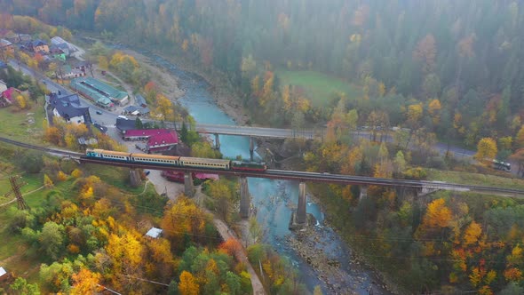 Aerial Drone Video Flying Over Railway Bridge in Carpathians Mountains, Yaremche, Ukraine