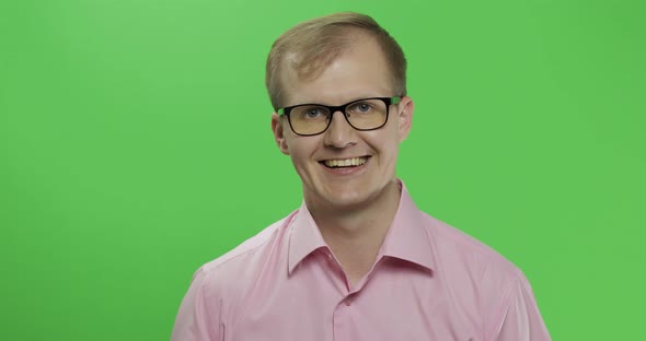 Caucasian Man in Pink Shirt Show Thumbs Up. Chroma Key