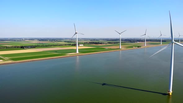 Windmill Park in the Ocean Drone Aerial View of Windmill Turbines Generating Green Energy Electric