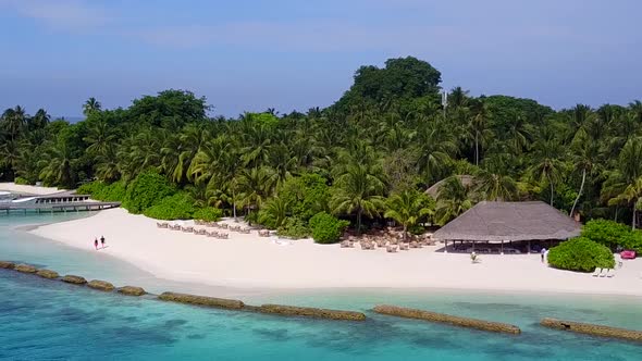 Aerial drone seascape of bay beach journey by blue sea with sand background