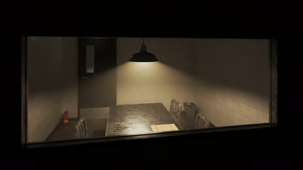 Dark, empty interrogation room seen through the one-way mirror. Investigation