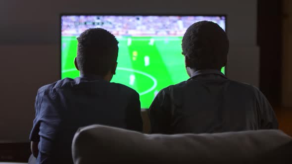 Rear View of Two Fans Watching Soccer on TV at Home