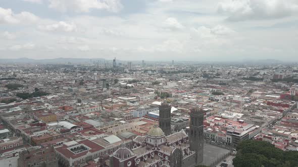 Aerial view of Puebla city main plaza during cloudy day