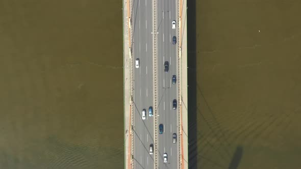 Aerial bridge landscape. Aerial road bridge. Highway road above river
