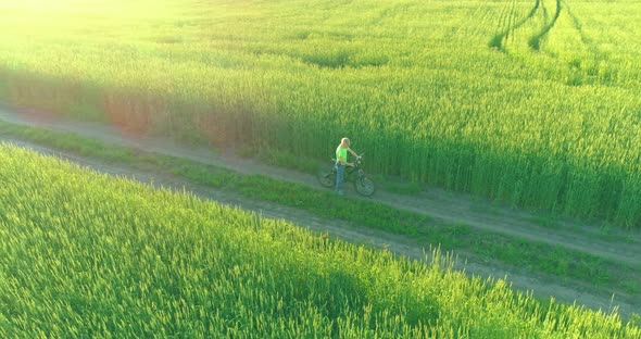 Aerial View on Young Boy That Rides a Bicycle Thru a Wheat Grass Field on the Old Rural Road