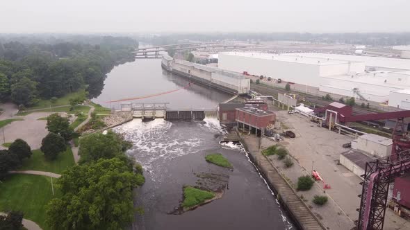 Dam Water Flowing On Grand River Near Otto C. Eckert Municipal Power Plant In Lansing, Michigan. aer