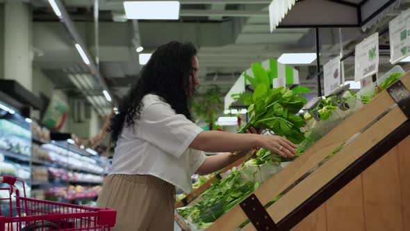 Attractive Young Woman a Chooses Cabbage Salad Makes Purchases in the Supermarket Buys Groceries