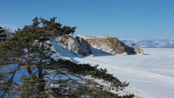 Burkhan Rock Cape in Frozen Lake Baikal