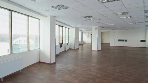 Workspace the Interior of Empty Office Space with Panoramic Windows a Walk Through the Office Space