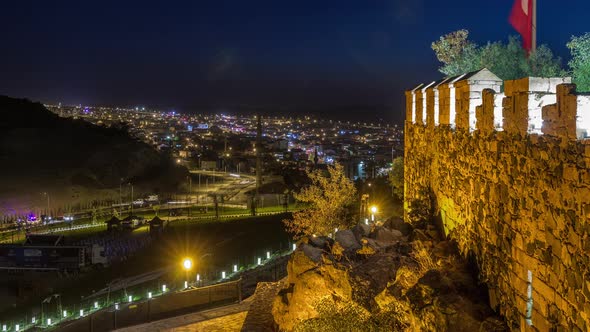 Aerial View From Old Castlethe in Historical City Town of Nevsehir Night Timelapse