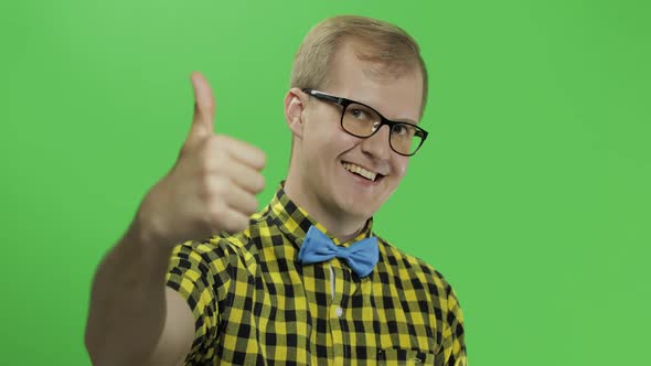 Caucasian Fashionable Man Show Thumbs Up, Guy in Yellow Shirt, Chroma Key