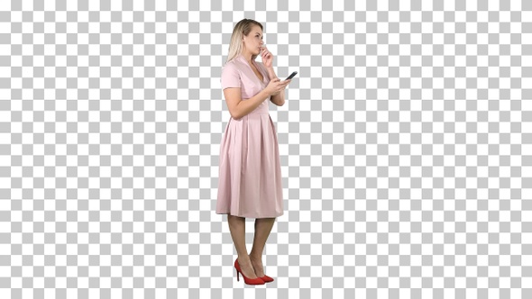 Blonde Teenager Woman Wearing Pink Texting Message on Her Smartphone