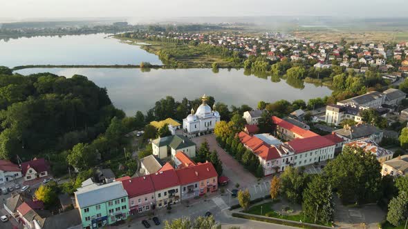 Aerial Shot The City Of Horodok, Lviv. Church Of The Announcement Of The Most Holy Virgin. Ukraine