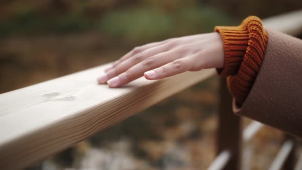 Close Up Woman Hand Touch Wooden Elements in Park Black African American Traveller