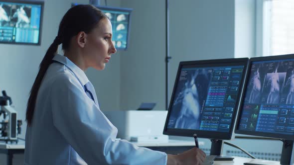 Professional medical doctors working in hospital office making research.