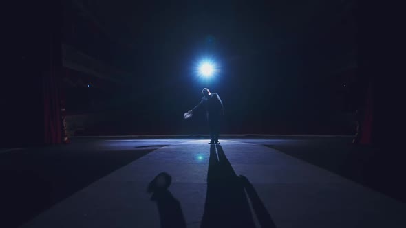 Elegant man on stage. Dark silhouette of a stylish man wearing hat performing on the scene