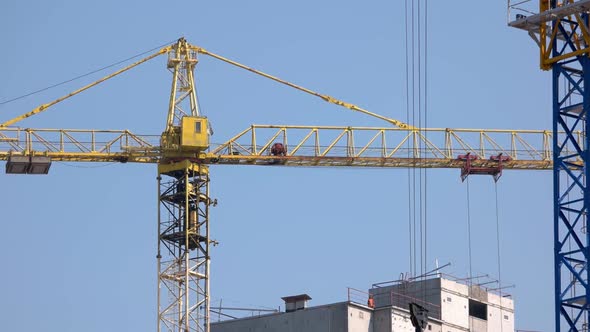 Yellow Construction Crane Motion Ove Blue Sky Background alt