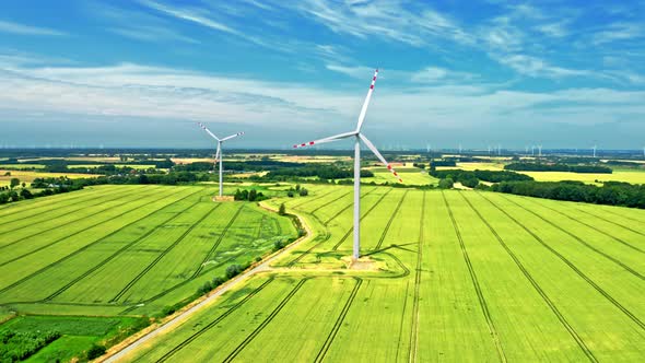 Aerial view of wind turbines on green field in summer