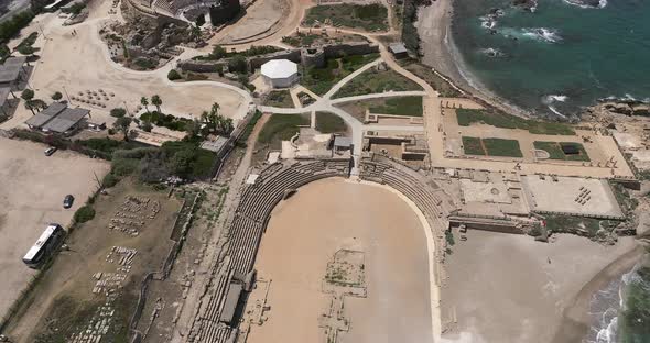 Aerial footage of the ancient remains of the coastal city of Caesarea, built under Herod the Great d