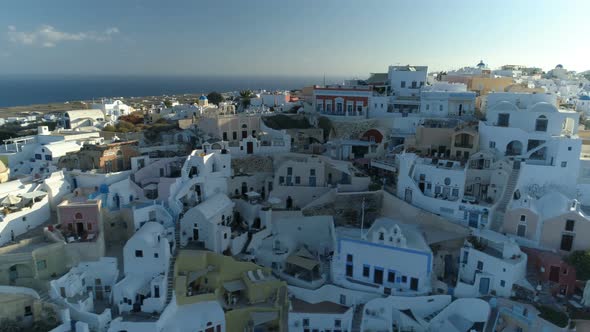 Aerial View Flying Over City of Oia on Santorini Greece